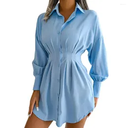 Women's Blouses Summer Pleated Shirt Dress Fashion A-Line Single Breasted Casual Turn-Down Collar High Waist Solid Trendy Mini 2024