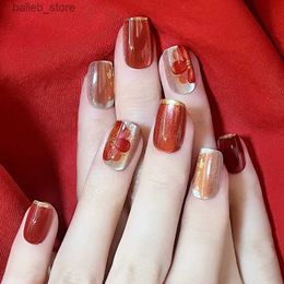 False Nails 24pcs Red Flower Fake Nails Glitter New Year False Nail Patch Full Finished Wearable Press on Nails Manicure Supplies Y240419