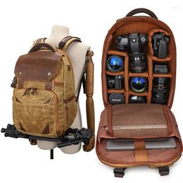 Backpack Waterproof Retro Batik Canvas Leather USB Port Fit 15.6 Inch Laptop Men Pography Bags Travel Carry Case Camera Bag