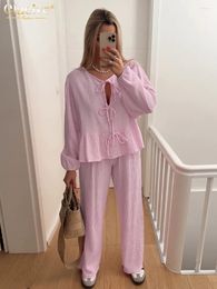 Women's Two Piece Pants Clacive Casual Loose Pink Cotton 2 Sets Women Outfit Fashion Long Sleeve Shirt With High Waist Set Female Homewear