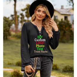 Women's T Shirts Customise Your LOGO European American Autumn Winter Solid Colour V-Neck Button-Up Long-Sleeved T-Shirt