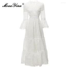 Casual Dresses MoaaYina Autumn Fashion Designer White Vintage Lace Dress Women Flare Sleeve Hollow Out Ruffle High Waist Slim A-LINE Long