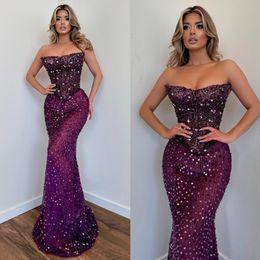 Grape mermaid Prom Dress strapless Glitter Sequins Evening Dress bodice beaded skirt Formal Long Special Occasion Party dress