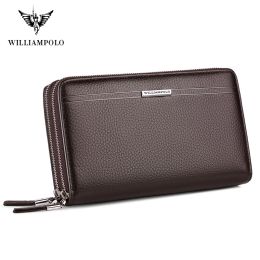 Wallets WILLIAMPOLO Men's Leather Clutch Solid Clutch Bag Phone Cases Luxury Brand Mens Wallet Double Zipper Genuine Leather Bag PL163