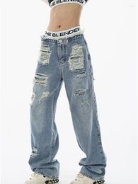Women's Jeans Women Vintage Ripped Hole Tassel Design Jean Trousers 2024 Straight Wide Leg Fashion High Street E-girls Denim Pants Chic