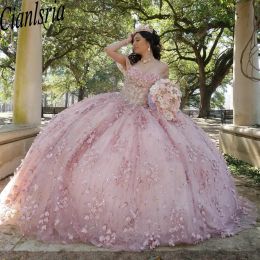2024 Exquisite Pink Applique Princess Quinceanera Dresses Ball Gown Rose Gold Lace Sweet 16 Dress Birthday Party Vestido De 15