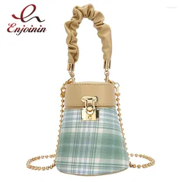 Shoulder Bags Fashion Stitching Plaid Mini Bucket Handbag For Women Casual Female Designer Bag Purses Chain Pleated Wrist Strap