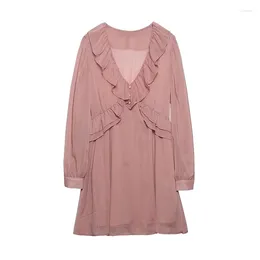 Casual Dresses Spring 2024 Women Pink Ruffle Dress Long Sleeve V Neck Ladies A-line Mini Vestidos