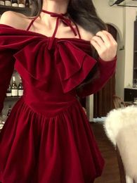 Casual Dresses Elegant Short Party Women Long Sleeve Sweet Bow French Slim Red Mini Dress 2024 Spring One Piece Korean