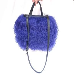 Bags 2023 Women Real Mongolia Lamb Fur Bag Natural Sheep Fur Handbag With Long Belt Real Lamb Fur Handle Bag