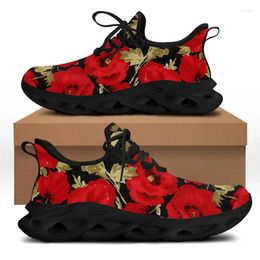 Casual Shoes WHEREISART Women Fashion Red Rose Print Vulcanised Comfortable Mesh Sport Sneaker Cushion For Walking/Running