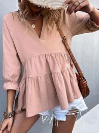 Women's Blouses Pink Basic Half Sleeve V Neck Shirts With Ruffled Slim Blouse For Girls Party 2024 Casual Tops Blusa Mujer