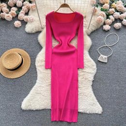 Casual Dresses Pure Color Women Chic Female Ladies Vestido Fashion Long Sleeve A Line Elegant Party Square Collar High Street Pink Dress