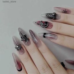 False Nails 10pcs Retro dark long stiletto sweet cool y2k fake nails with glue manicure silver black spider skull handmade false nails tips Y240419