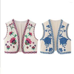 Women's Vests Korean Style Vintage Women Floral Embroidered Open WaistCoat Ladies National Vest Jacket Outfits Casual Vacation Crop Top