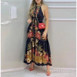 Casual Dresses 2024 Summer Women's Blue Floral Positioning Printed Single-Breasted Waist Slim-Fit Suspender Dress