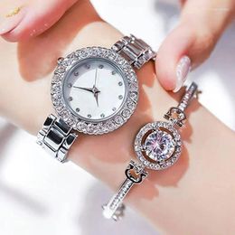 Wristwatches Silver Watch Womens Diamond Ladies Analogue WristWatch Quartz Watches Women Dress Bracelet Set Clock