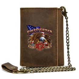 Wallets High Quality Men Genuine Leather Wallet Anti Theft Hasp With Iron Chain United States Firefighter Cover Card Holder Short Purse