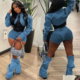 Women'S Tracksuits Women S Y Denim Jean 2 Piece Matching Pant Set Outfits 2023 Summer Clothes Y2K Biker Shorts Suits Sets Cropped Top Dho7Z