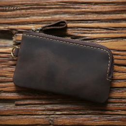 Wallets LEACOOL Genuine Leather Men Key Wallet Zipper Housekeeper Key Pouch Holder Keychain Crazy Horse Coin Purse Card Holder