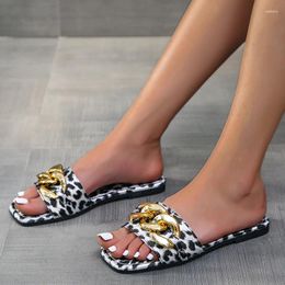Slippers Oversized Outwear Sandals And 2024 Square Head Flat Bottom Metal Chain Leopard Pattern Women's