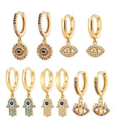 Blue Evil Eye Hoop Earrings Fashion Design 18K Gold Plated Women Cubic Zirconia Fatima Hamsa Hand Pendant Turkish Rhinestone Devil4204991