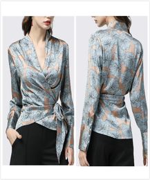 Quality Silk Satin Sexy Shirt Elegant Tops Women Plus Size Lantern Sleeve Lace up Ladies Bow Blouse Loose Casual Office V-Neck Shirts9765283