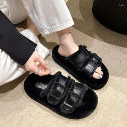 Slippers Winter Casual Women Platform Med Heel Fluffy Slipper Fashion Double Buckle Artificial Plush Inside Soft Slides Shoe