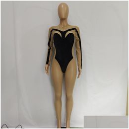 Womens Jumpsuits Rompers Fall Winter Veet Women Velour Mesh Long Sleeve Jumpers Sheer Casual Bodycon Bodysuit Y Night Club Wear Wholes Dhwaj