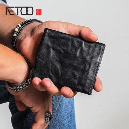 Wallets AETOO Small purse male short section of youth simple vintage old leather wallet ladies wallet leather soft vertical Vintage