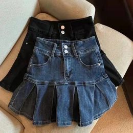 Salia de outono da primavera Meninas plissadas saia de jeans bebê Skort Skort Infantil Fashion Bottoms Ruched Salt 3-14Y Salia azul 240516