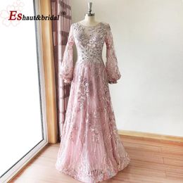 Party Dresses Elegant Aline Dubai Lace Evening Night Dress For Women 2024 Sleeves Crystal Handmade O Neck Formal Prom Wedding Gowns