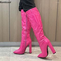 Boots Ronticool Handmade Women Winter Knee Patent Leather Side Zipper Chunky Heel Pointed Toe Fuchsia Shoes Plus US Size 4-15