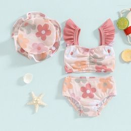 Clothing Sets Baby Girl Swimwear 2-Piece Bikini With Hat Floral Ruffle Sleeve Tankini Top Swim Short Summer Beach Bathing Suit