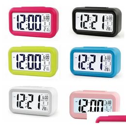 Desk Table Clocks Plastic Mute Alarm Clock Lcd Smart Temperature Cute P Osensitive Bedside Digital Sn Nightlight Calendar Drop Del Dhljm