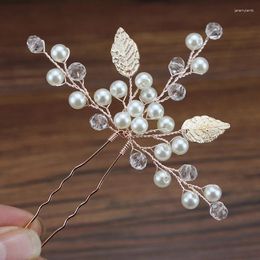 Hair Clips Handmade Rose Gold Color Leaf Wedding Pearl Pins Crystal Beaded Hairpins For Women Bridal Jewelry