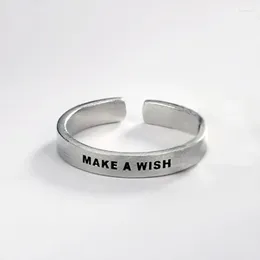 Cluster Rings Simple Make A Wish Matte Letter Ring For Women Men Retro Creative Opening Silver Colour Finger Party Jewellery Gifts