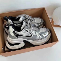 Casual Shoes Silver Thick Soled Sports For Women In Spring 2024 Korean Version Of Sponge Cake Lace Up Dad Sneakers