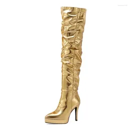 Boots 2024 Women's Fashion Slender High Heel Thick Bottom Folded Knee Length Sleeve Sexy Nightclub Stage