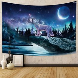 Tapestries Cool Wolf Tapestry Fantasy Animals Moon Aesthetic Mountain Forest Wall Hanging For Dorm Home Living Room Decor