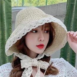 Berets Holiday Lace Bucket Hat Summer Foldable Hollow Beach Sun Hats For Women Wide Brim Side Cap Panama Floppy Female Straw