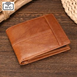 Wallets RFID Blocking Men's Wallet Genuine Leather inner Zipper Short Purse Card Holder Change Coin Purse Male Horizontal Clutch Wallets