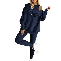 Women's Two Piece Pants Long-sleeve Pocket Pullove Top 3-piece Hoodie Vest Set Cosy Solid Colour Outfit With Elastic Waist For Sports