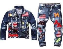 Embroidery Patch Design Jacket Jeans 2 Piece Set Men039s Tracksuits Multibadge Skull Jeans Sets Slim Denim Jacket and Flag Bad3584368