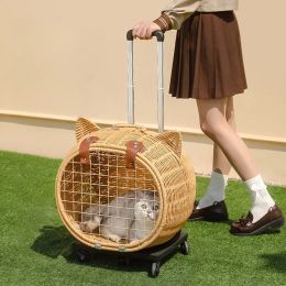 Bags Breathable Cat Bag, Portable Pet Crate, Dog Tote Bag with Trolley, Handwoven Cat Cage, Lightweight Pet Luggage, Vintage Style