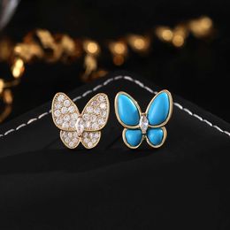 High -Version VanceFe 952 Silbernadel Echtes Gold Elektroplattiertem Schmetterling Ohrringe für Frauen mit asymmetrisch blauem Emaille Volldiamantohrringe