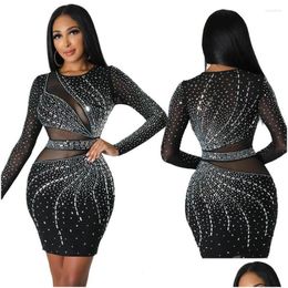 Basic & Casual Dresses 2023 Fashion Round Neck Long Sleeve Rhinestone Sheath A- Line Dress Y See-Through Drop Delivery Apparel Women' Dheld