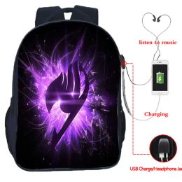 Backpacks Fairy Tail USB Charging Backpack Anime Suitable School Bags For Teenagers Children Bookbag Travel/Laptop Rucksack Mochila 16Inch