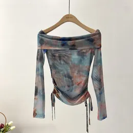 Women's Blouses Chic Tie Dye Print Mesh Lace Up T Shirt Vintage Top Sexy Bodycon Crop Slash Neck Tees Women Streetwear