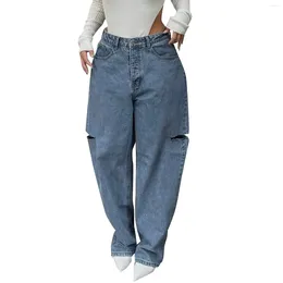 Women's Jeans Denim Pants Ladies Ripped Long Trousers Stretch High Waist Vertical Tube Outdoor Baggy Japanese